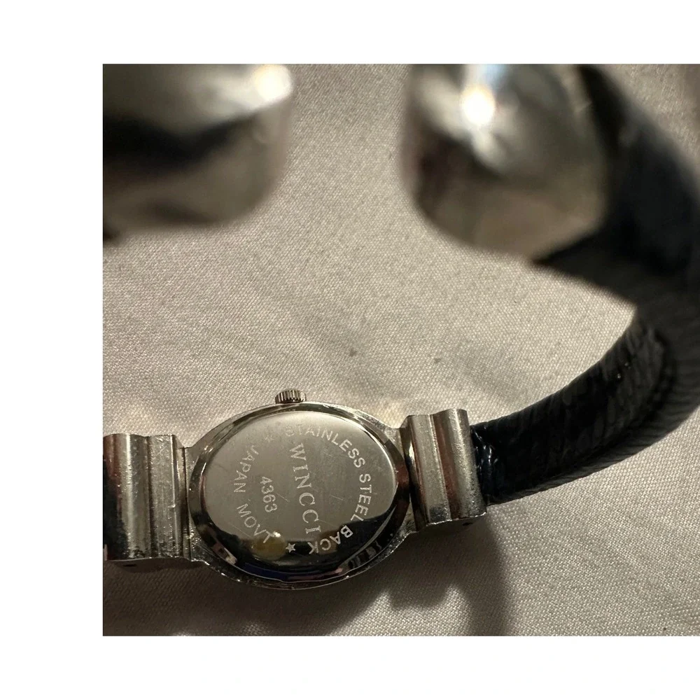 Wincci Quartz Watch Silver Tone Black Faux Leather Cuff Bracelet Japan‎ Movt